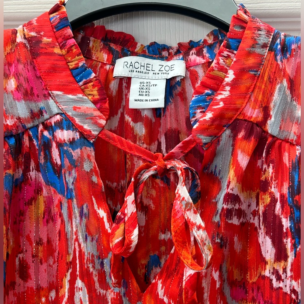 Rachel Zoe Ruffle Sleeve Smocked Waist Keyhole Neck Tie Blouse Top Size XS - Picture 5 of 12
